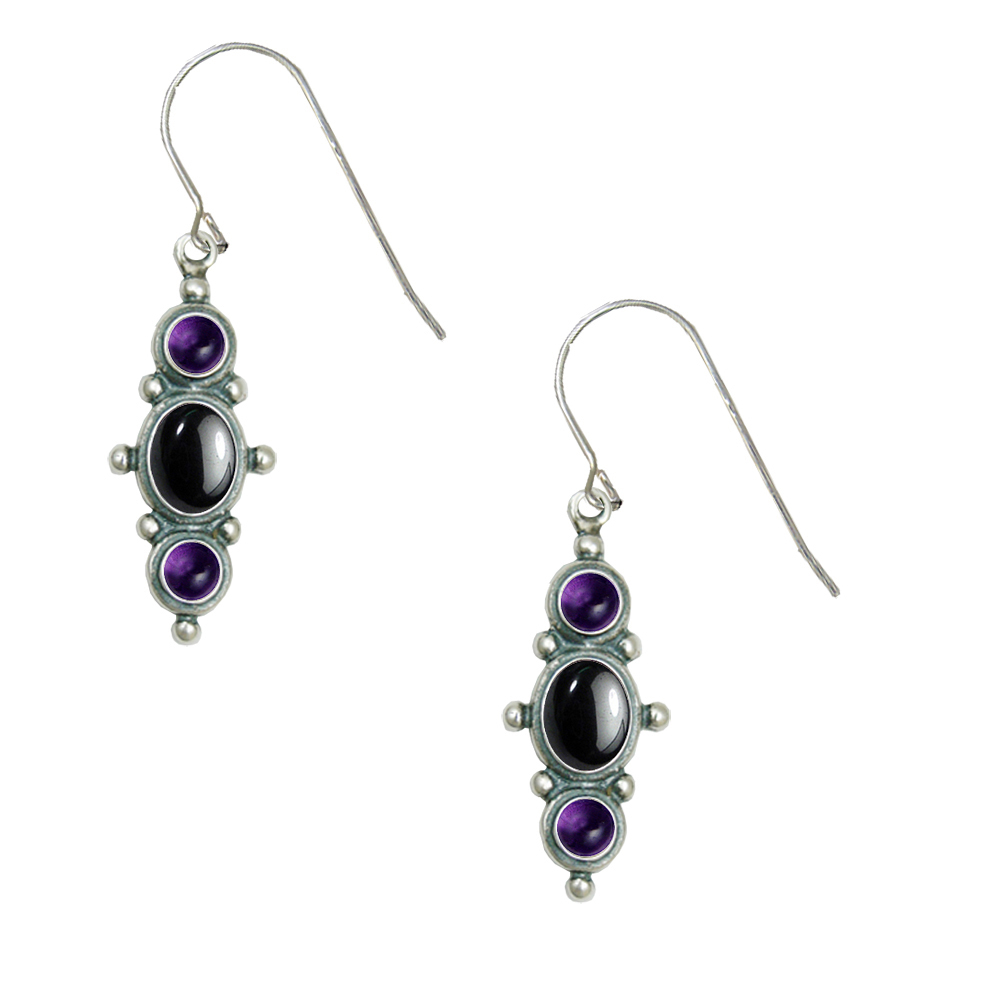 Sterling Silver Drop Dangle Earrings With Hematite And Amethyst